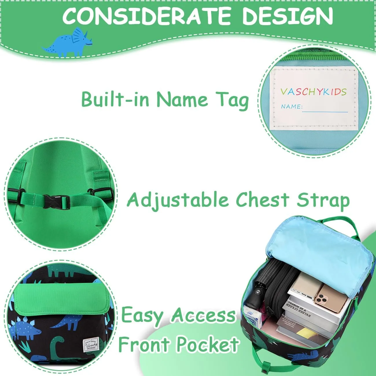 VASCHY Dinosaur Backpacks Kids, Lightweight Toddler Kids Preschool Backpack for Children