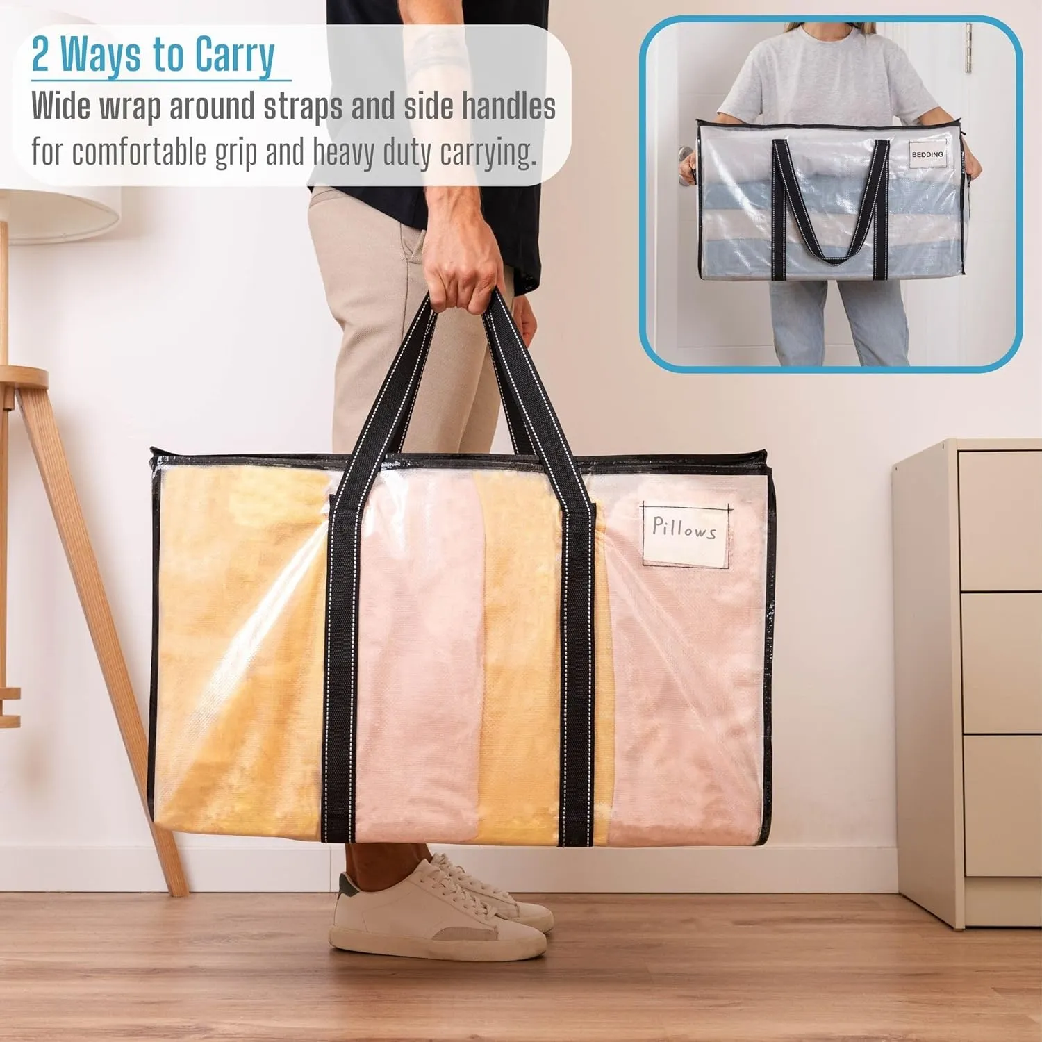 VENO 2 Pack Moving Bags, Moving Supplies, Moving Boxes, College Packing Storage Boxes with Lids Alternative, Heavy Duty Totes, Extra Large, Sturdy Handles, Zipper (Clear with Black Handles, 2 Pack)