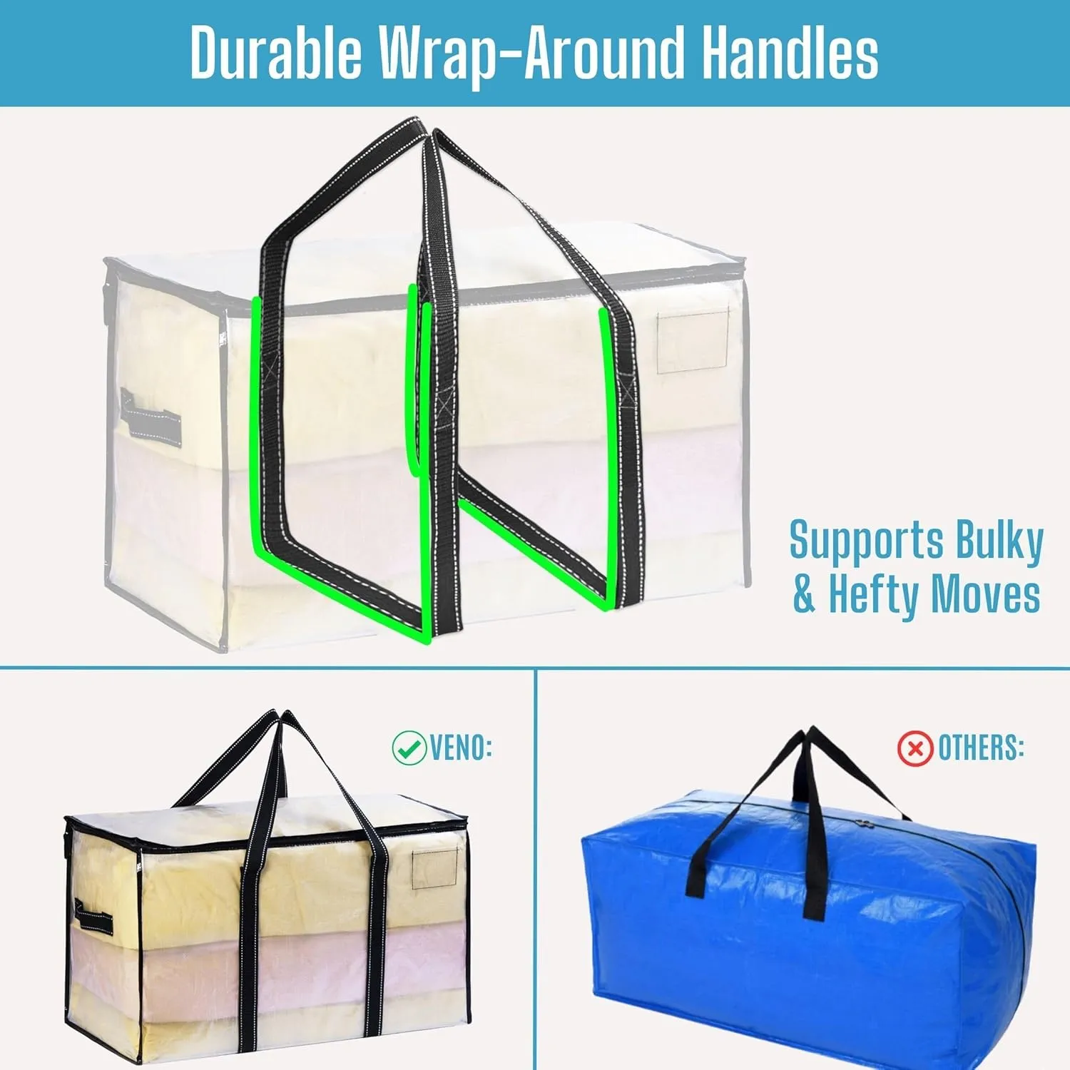 VENO 2 Pack Moving Bags, Moving Supplies, Moving Boxes, College Packing Storage Boxes with Lids Alternative, Heavy Duty Totes, Extra Large, Sturdy Handles, Zipper (Clear with Black Handles, 2 Pack)