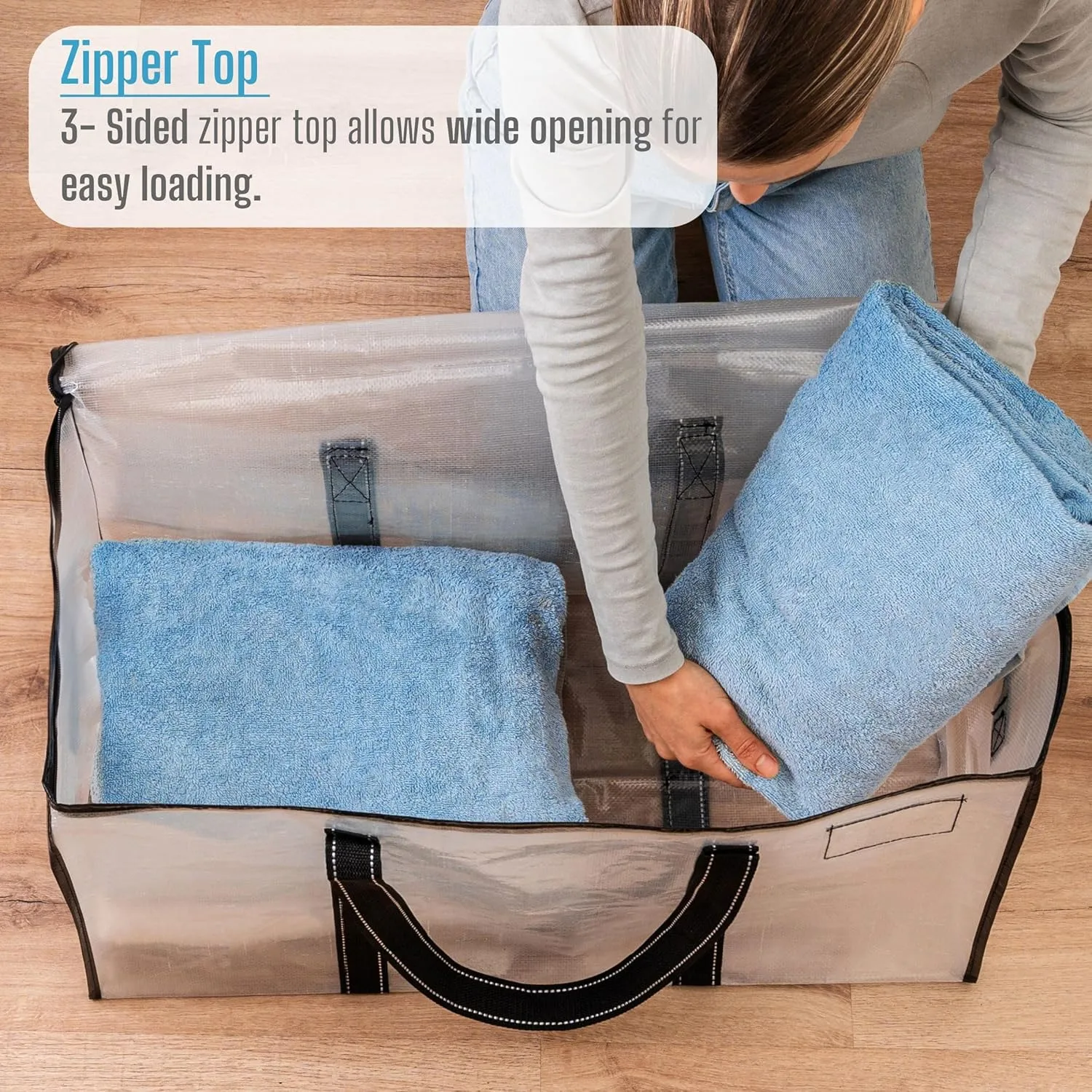 VENO 2 Pack Moving Bags, Moving Supplies, Moving Boxes, College Packing Storage Boxes with Lids Alternative, Heavy Duty Totes, Extra Large, Sturdy Handles, Zipper (Clear with Black Handles, 2 Pack)