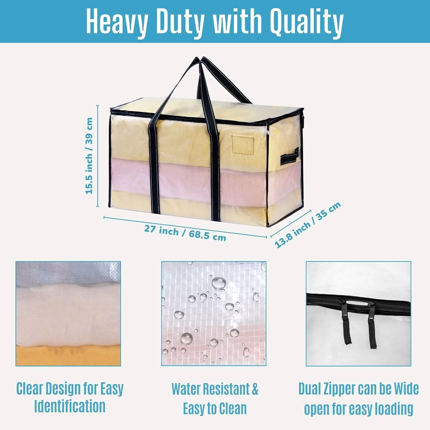 VENO 2 Pack Moving Bags, Moving Supplies, Moving Boxes, College Packing Storage Boxes with Lids Alternative, Heavy Duty Totes, Extra Large, Sturdy Handles, Zipper (Clear with Black Handles, 2 Pack)