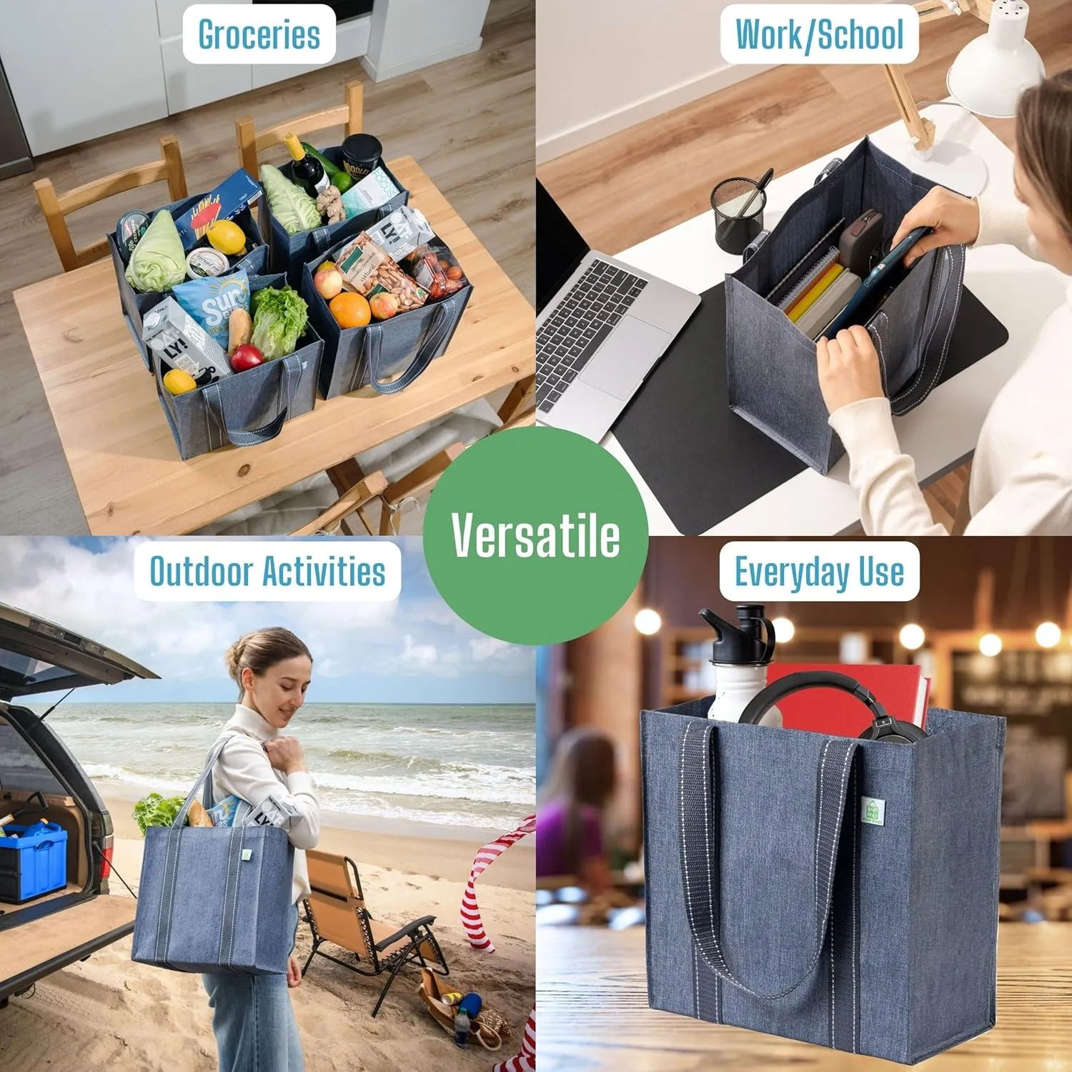 VENO 4 Pack Reusable Grocery Bags Shopping Bags, Small Tote Bag w/Handle & Hard Bottom, Heavy Duty, Foldable Bag Carrier - Gray