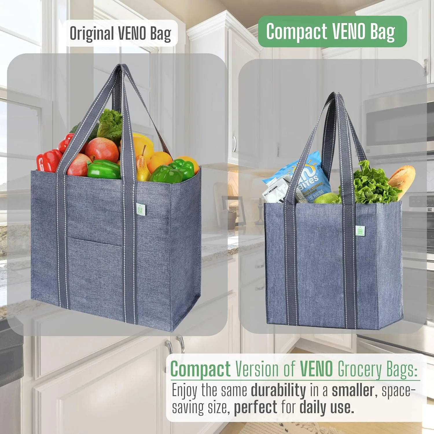 VENO 4 Pack Reusable Grocery Bags Shopping Bags, Small Tote Bag w/Handle & Hard Bottom, Heavy Duty, Foldable Bag Carrier - Gray