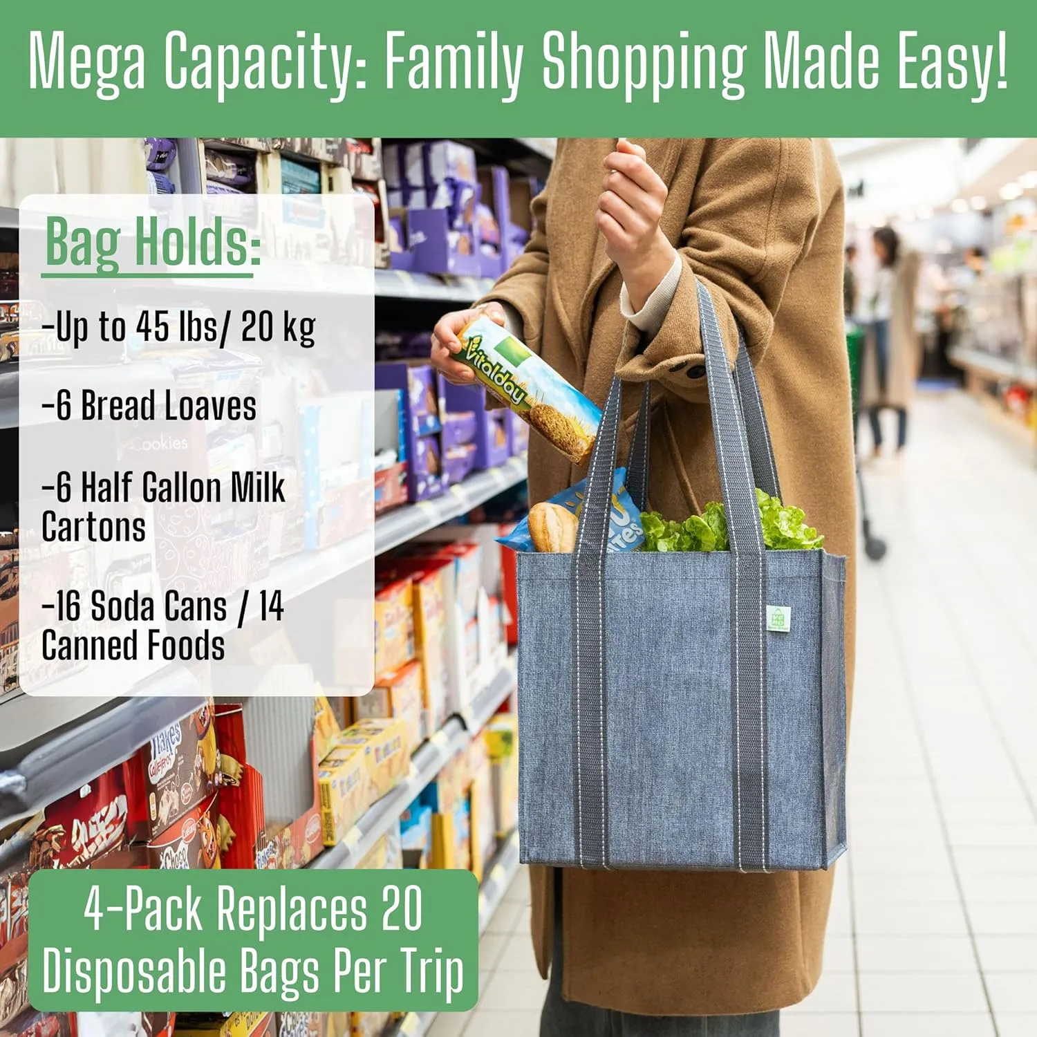 VENO 4 Pack Reusable Grocery Bags Shopping Bags, Small Tote Bag w/Handle & Hard Bottom, Heavy Duty, Foldable Bag Carrier - Gray