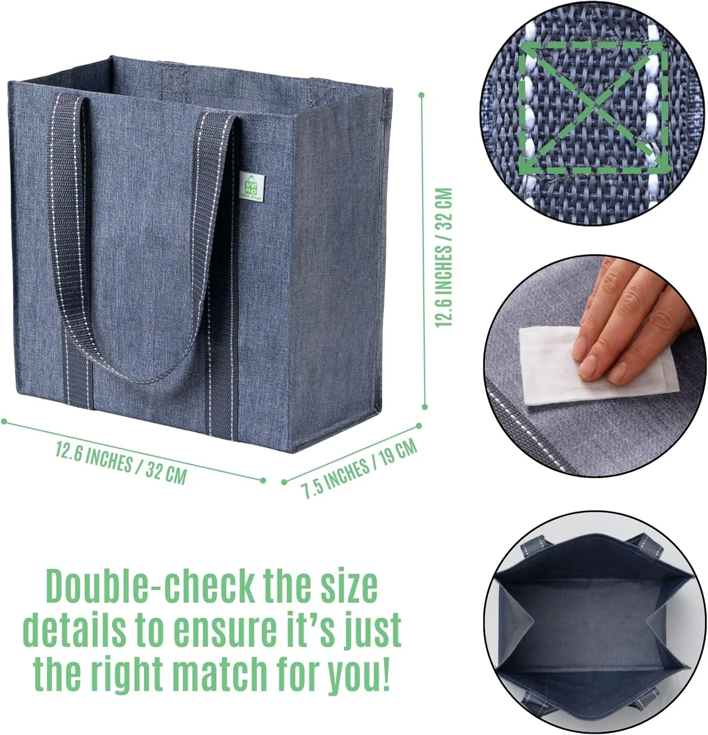 VENO 4 Pack Reusable Grocery Bags Shopping Bags, Small Tote Bag w/Handle & Hard Bottom, Heavy Duty, Foldable Bag Carrier - Gray