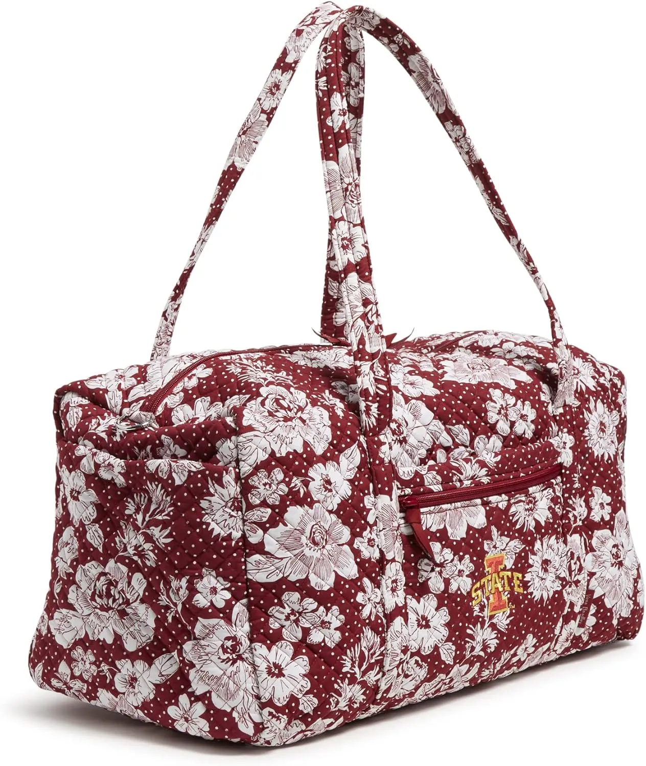 Vera Bradley Women's Cotton Collegiate Large Travel Duffle Bag (Multiple Teams Available), Cardinal/White Rain Garden With Iowa State University - Recycled Cotton, One Size
