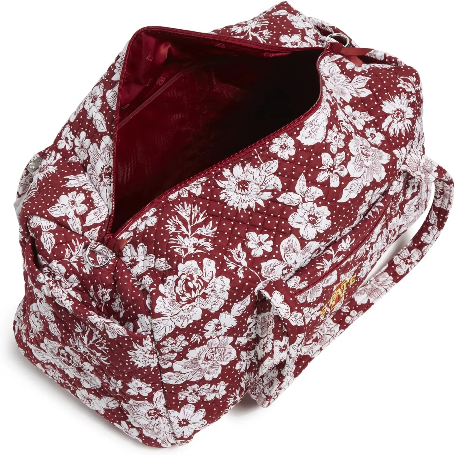 Vera Bradley Women's Cotton Collegiate Large Travel Duffle Bag (Multiple Teams Available), Cardinal/White Rain Garden With Iowa State University - Recycled Cotton, One Size