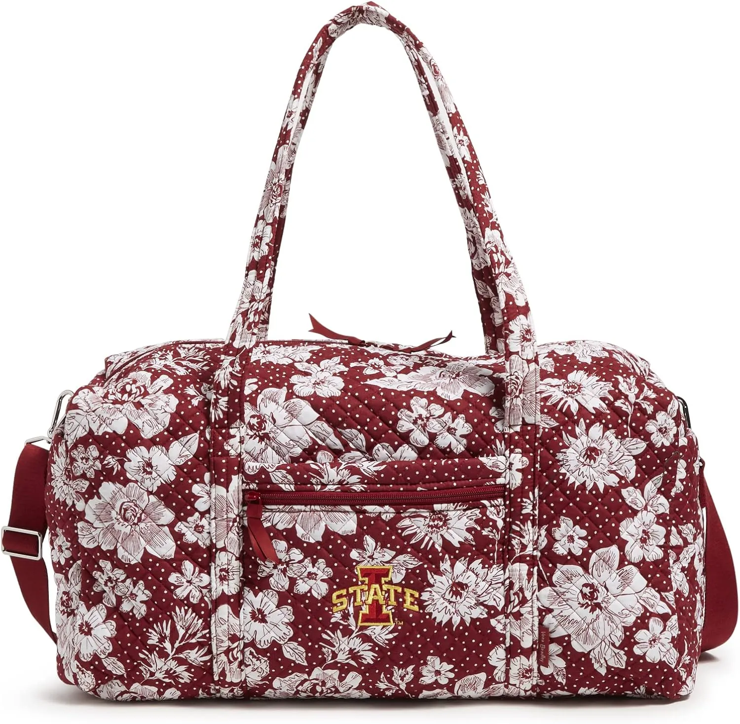 Vera Bradley Women's Cotton Collegiate Large Travel Duffle Bag (Multiple Teams Available), Cardinal/White Rain Garden With Iowa State University - Recycled Cotton, One Size