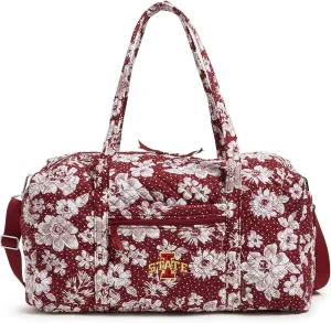 Vera Bradley Women's Cotton Collegiate Large Travel Duffle Bag (Multiple Teams Available), Cardinal/White Rain Garden With Iowa State University - Recycled Cotton, One Size