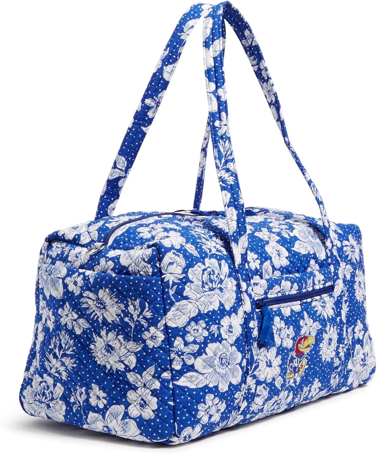 Vera Bradley Women's Cotton Collegiate Large Travel Duffle Bag (Multiple Teams Available), Royal/White Rain Garden With University of Kansas - Recycled Cotton, One Size
