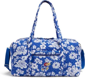 Vera Bradley Women's Cotton Collegiate Large Travel Duffle Bag (Multiple Teams Available), Royal/White Rain Garden With University of Kansas - Recycled Cotton, One Size