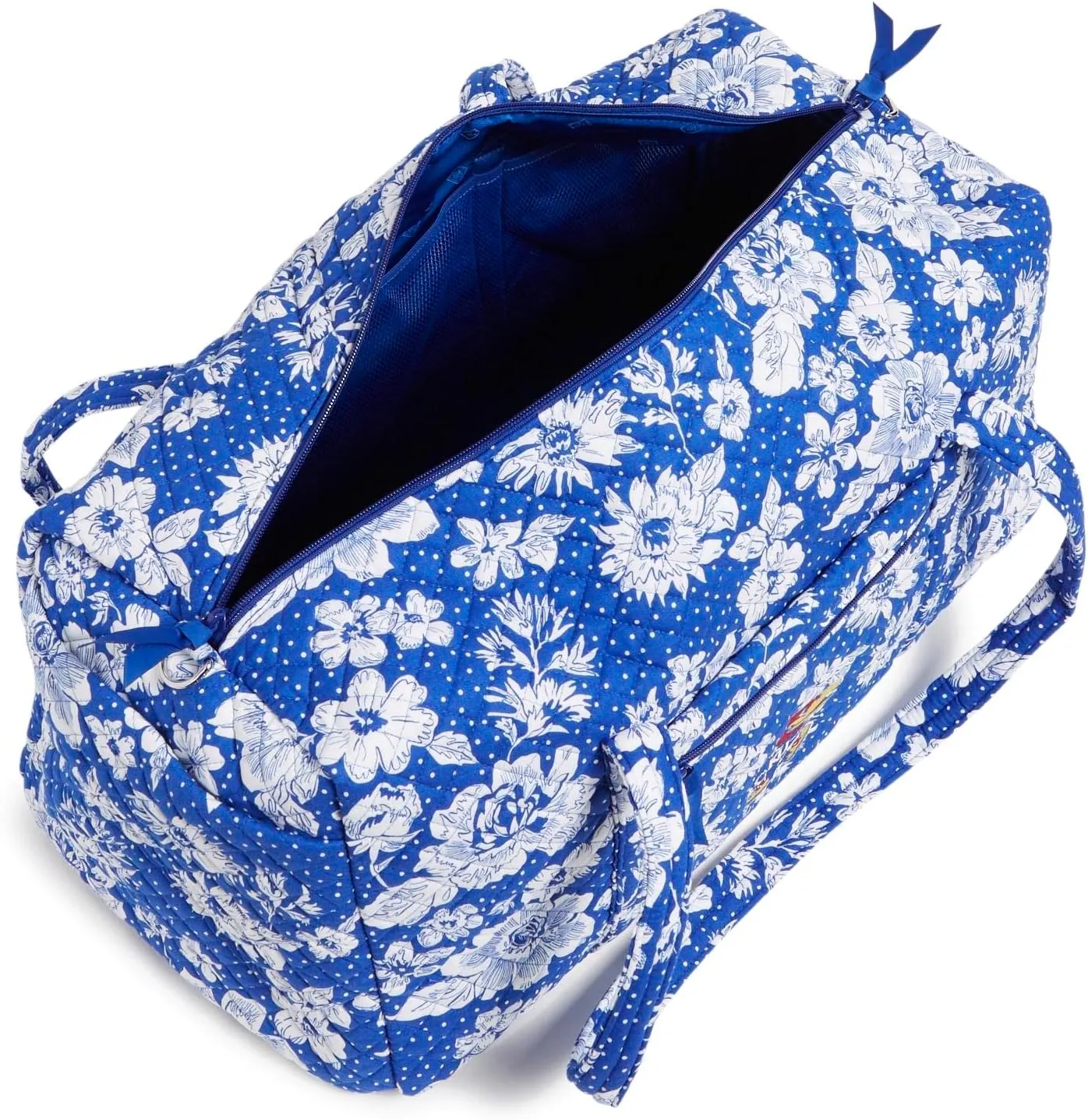 Vera Bradley Women's Cotton Collegiate Large Travel Duffle Bag (Multiple Teams Available), Royal/White Rain Garden With University of Kansas - Recycled Cotton, One Size