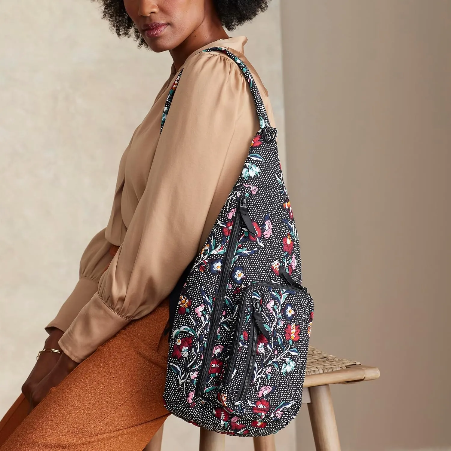 Vera Bradley Women's Cotton Sling Backpack, Perennials Noir Dot, One Size