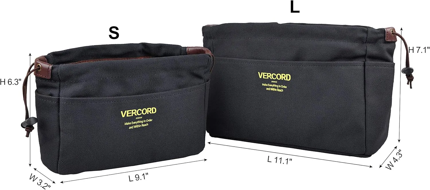 Vercord Canvas Handbag Organizers, Sturdy Purse Insert Organizer Bag in Bag, 10 Pockets Grey Small