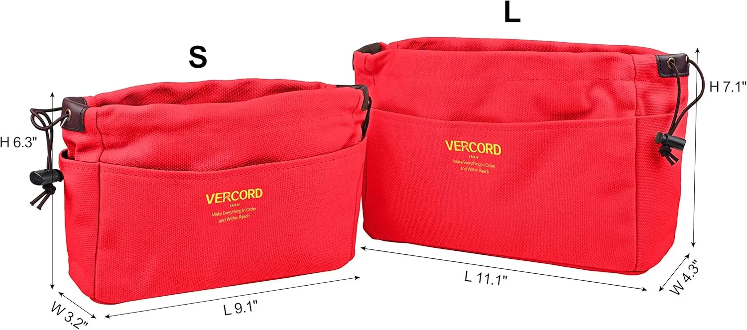 Vercord Canvas Handbag Organizers, Sturdy Purse Insert Organizer Bag in Bag, 10 Pockets Red Small