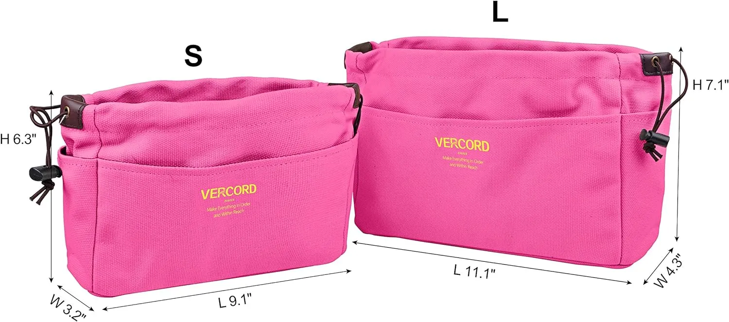Vercord Canvas Handbag Organizers, Sturdy Purse Insert Organizer Bag in Bag, 10 Pockets Rose Large