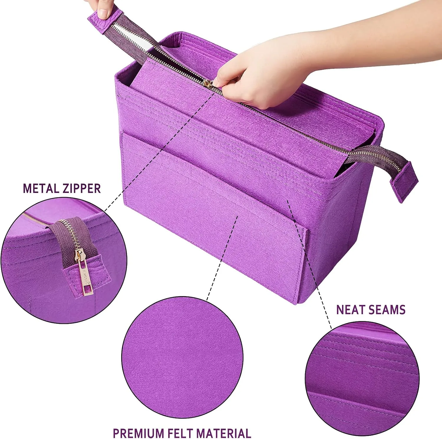 Vercord Felt Zipper Handbag Tote Purse Duffel Backpack Organizer Insert Purple Small