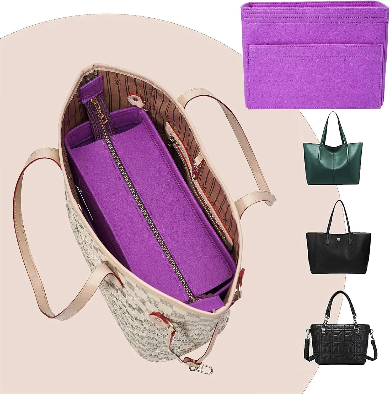 Vercord Felt Zipper Handbag Tote Purse Duffel Backpack Organizer Insert Purple Small
