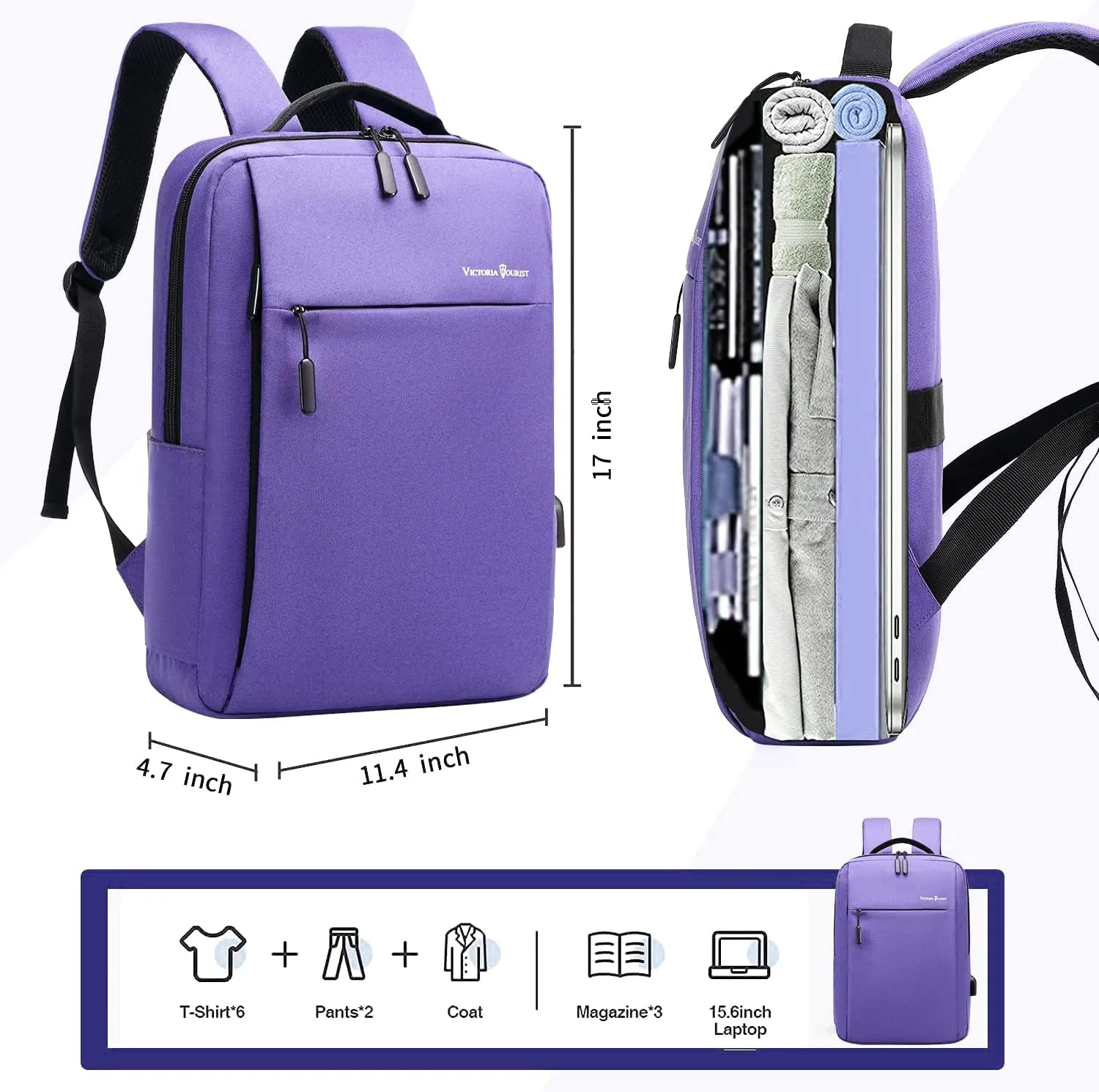Victoriatourist Laptop Backpack for Women, Computer Backpack College Bookbag with USB Charging Port, Water Resistant Daypack Cute Book Bag for Ladies Fit 15.6 Inch Notebook(Purple)