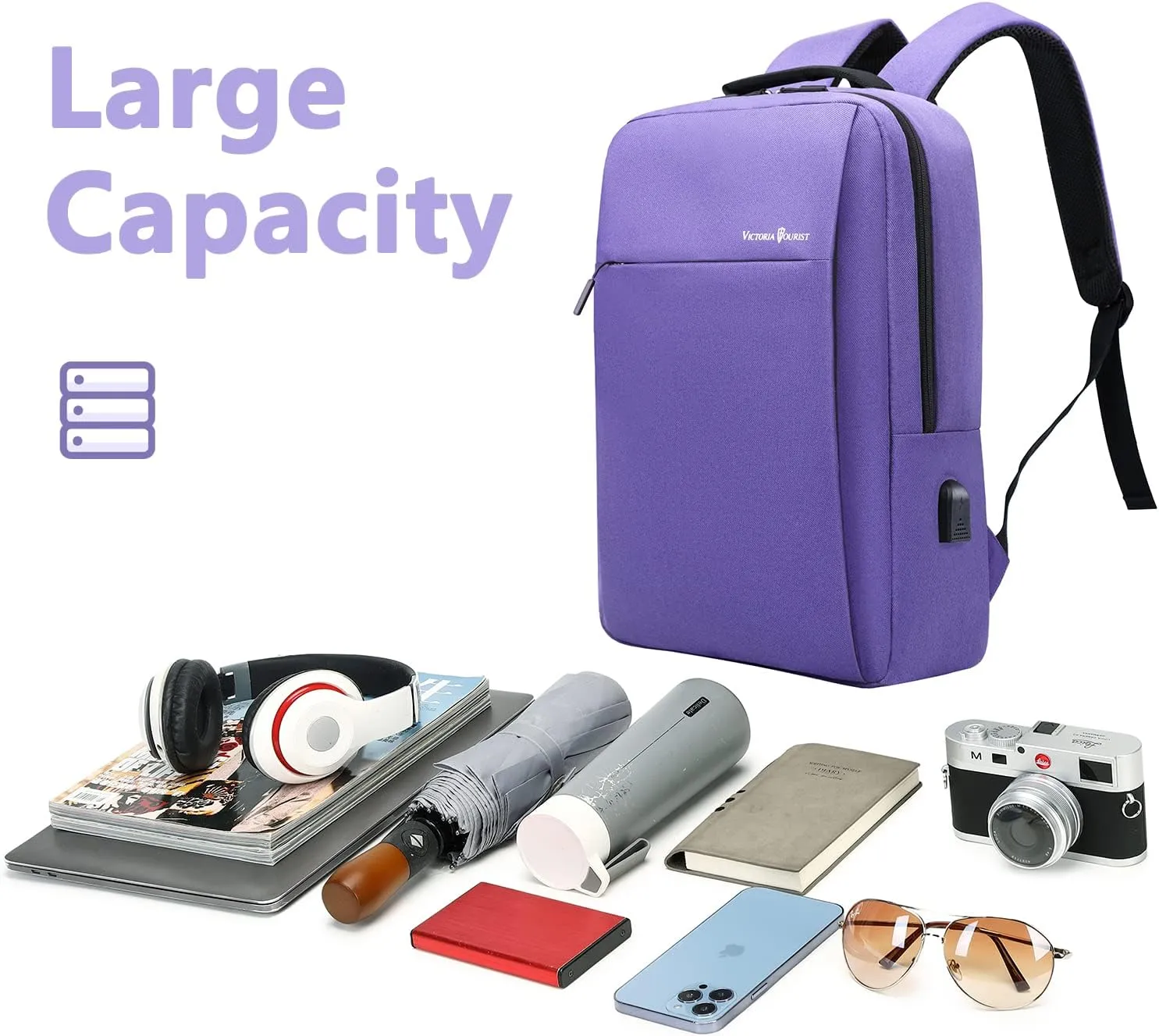Victoriatourist Laptop Backpack for Women, Computer Backpack College Bookbag with USB Charging Port, Water Resistant Daypack Cute Book Bag for Ladies Fit 15.6 Inch Notebook(Purple)