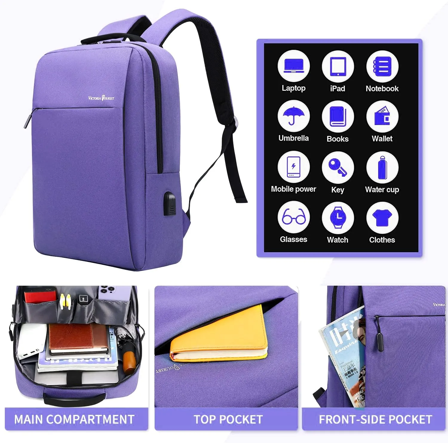 Victoriatourist Laptop Backpack for Women, Computer Backpack College Bookbag with USB Charging Port, Water Resistant Daypack Cute Book Bag for Ladies Fit 15.6 Inch Notebook(Purple)
