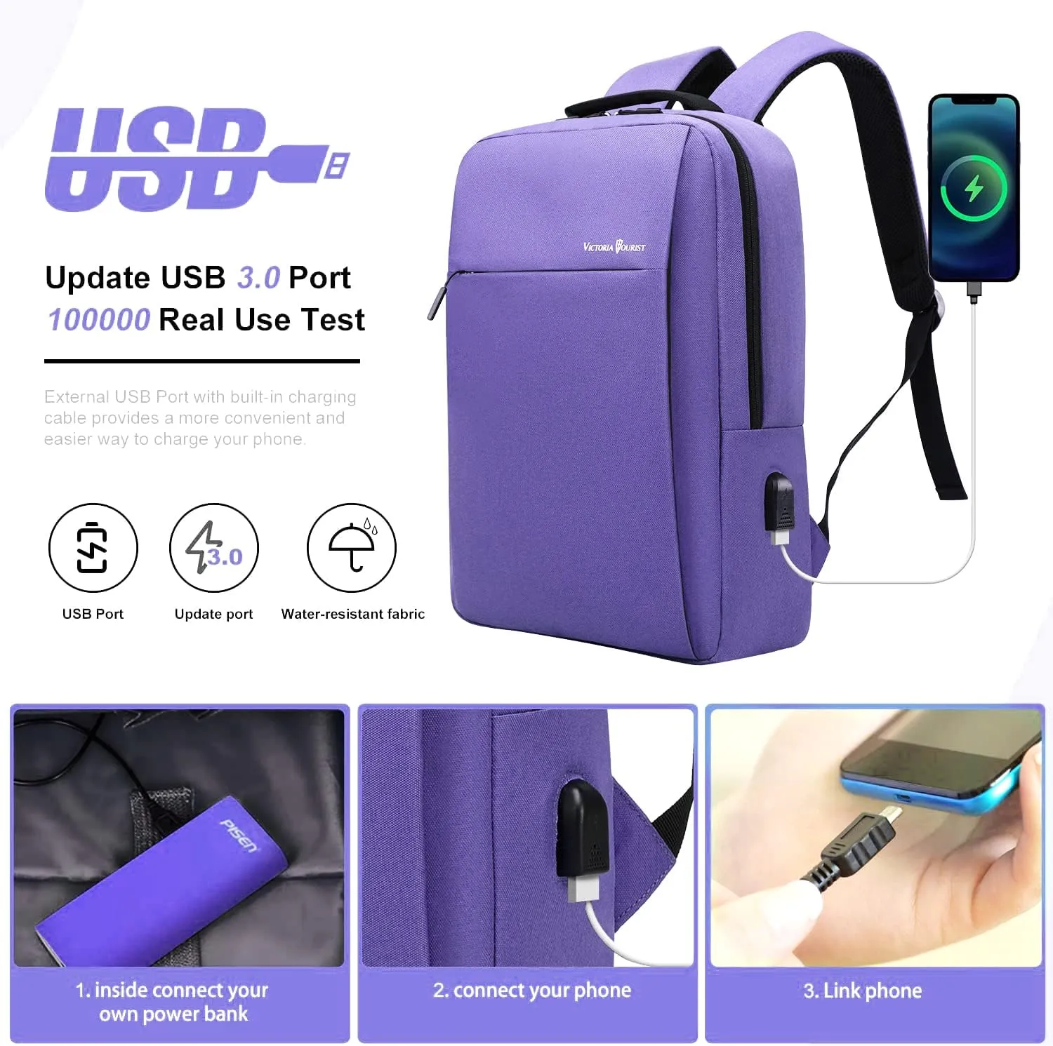 Victoriatourist Laptop Backpack for Women, Computer Backpack College Bookbag with USB Charging Port, Water Resistant Daypack Cute Book Bag for Ladies Fit 15.6 Inch Notebook(Purple)