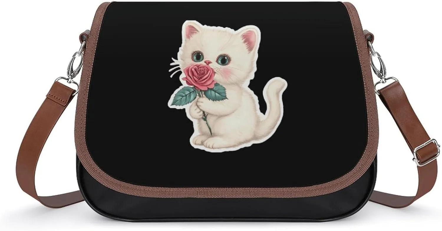 Vintage Kitten Rose Crossbody Bags for Women Shoulder Bag Flap Handbags Leather Cross Body Purse