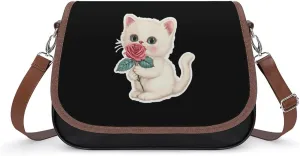 Vintage Kitten Rose Crossbody Bags for Women Shoulder Bag Flap Handbags Leather Cross Body Purse
