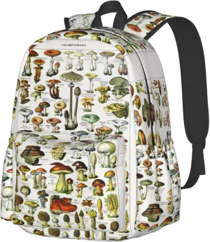 Vintage Mushroom Identification Reference Chart Laptop Commuter Backpack Shoulder Bag Casual Back Pack Daypack Bags With Side Pockets For Work Travel Daily Use