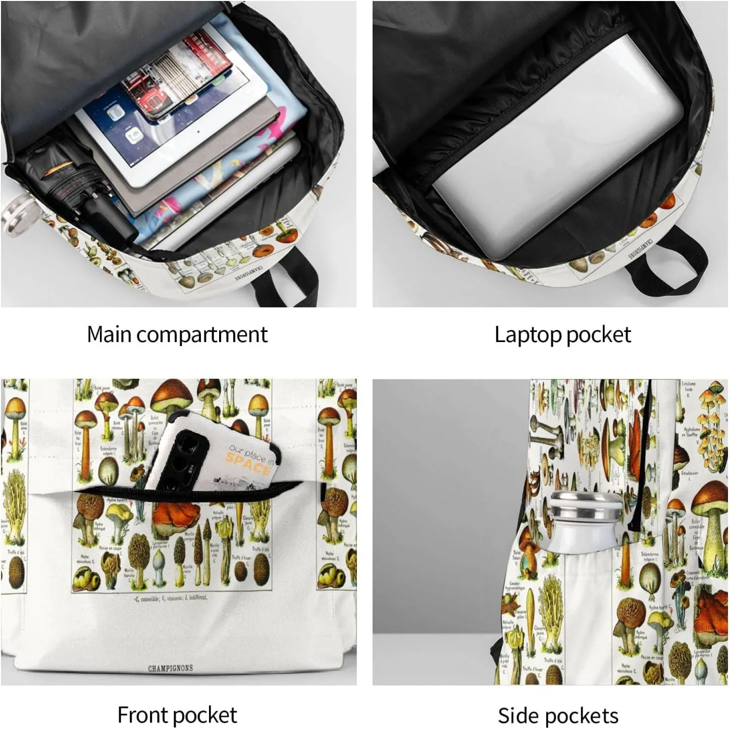 Vintage Mushroom Identification Reference Chart Laptop Commuter Backpack Shoulder Bag Casual Back Pack Daypack Bags With Side Pockets For Work Travel Daily Use