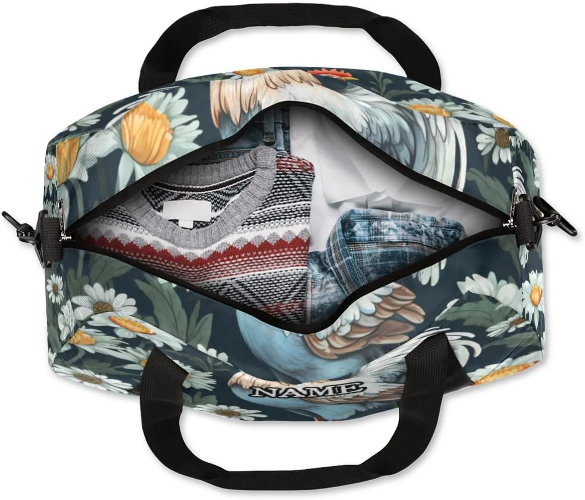 Vintage Rooster Daisy Print Personalized Kids Duffel Bag Custom Gym Sports Duffle Bag Teen Travel Gymnastic Weekender Overnighter Bag Carry on Toe Bag for Boys & Girls
