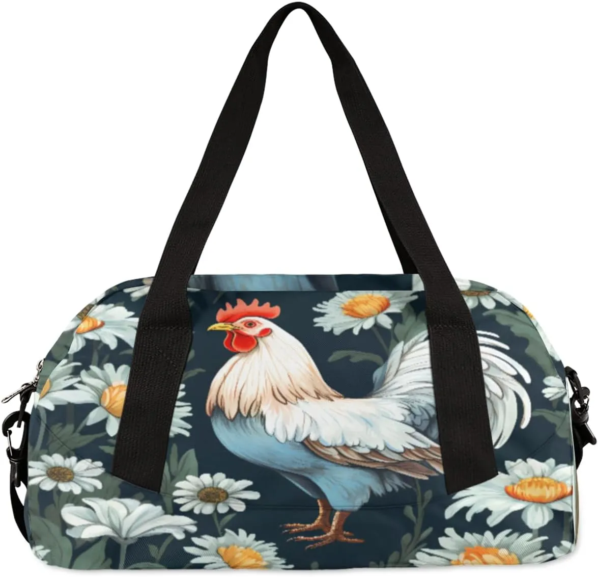 Vintage Rooster Daisy Print Personalized Kids Duffel Bag Custom Gym Sports Duffle Bag Teen Travel Gymnastic Weekender Overnighter Bag Carry on Toe Bag for Boys & Girls