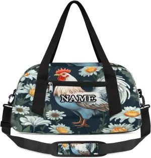 Vintage Rooster Daisy Print Personalized Kids Duffel Bag Custom Gym Sports Duffle Bag Teen Travel Gymnastic Weekender Overnighter Bag Carry on Toe Bag for Boys & Girls