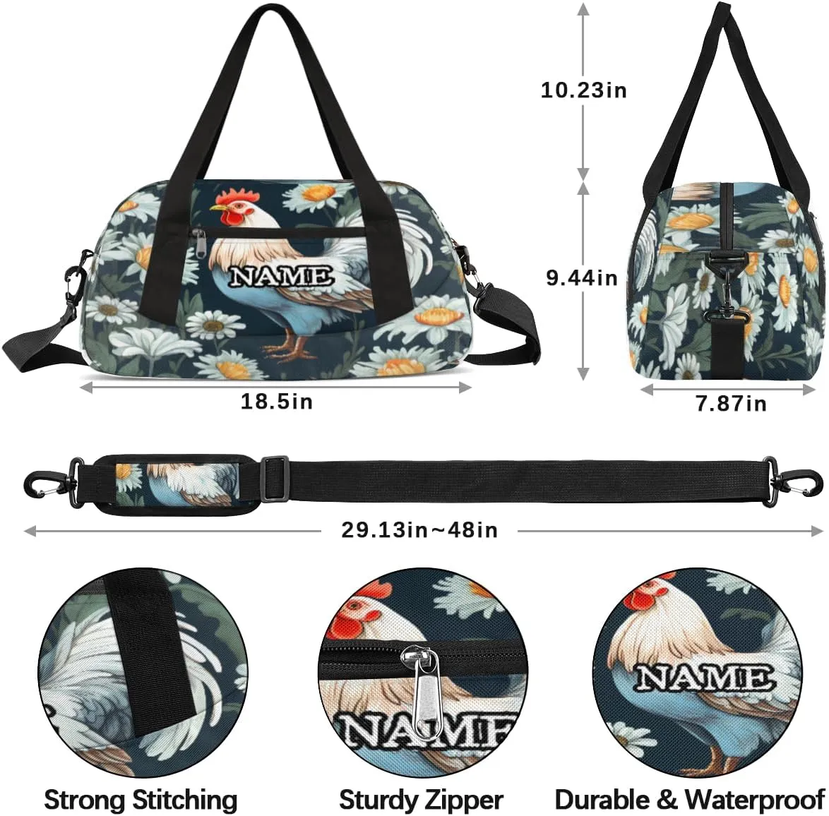 Vintage Rooster Daisy Print Personalized Kids Duffel Bag Custom Gym Sports Duffle Bag Teen Travel Gymnastic Weekender Overnighter Bag Carry on Toe Bag for Boys & Girls
