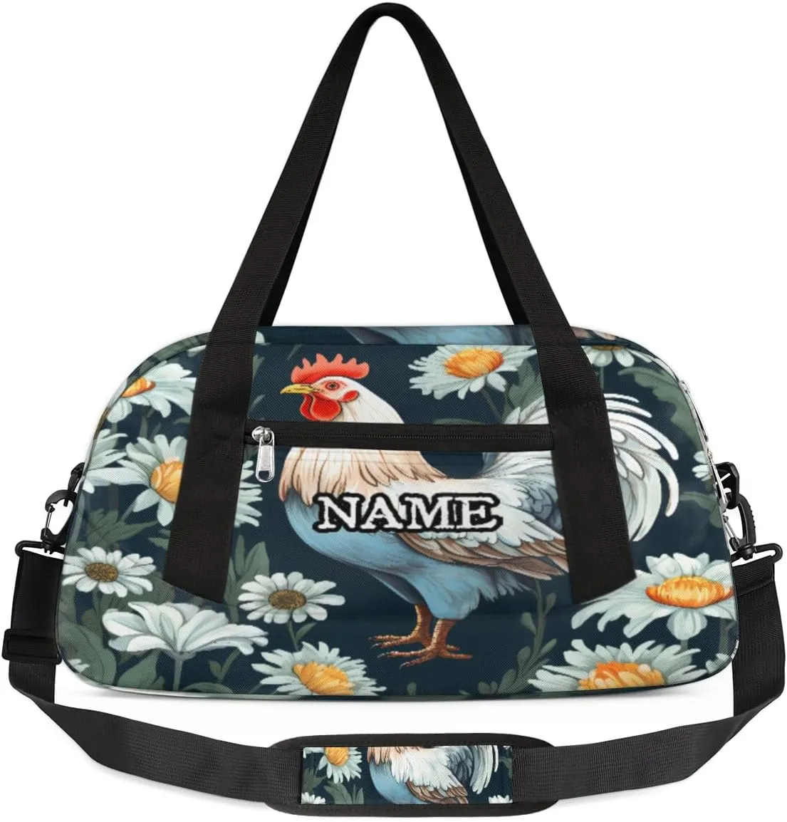 Vintage Rooster Daisy Print Personalized Kids Duffel Bag Custom Gym Sports Duffle Bag Teen Travel Gymnastic Weekender Overnighter Bag Carry on Toe Bag for Boys & Girls