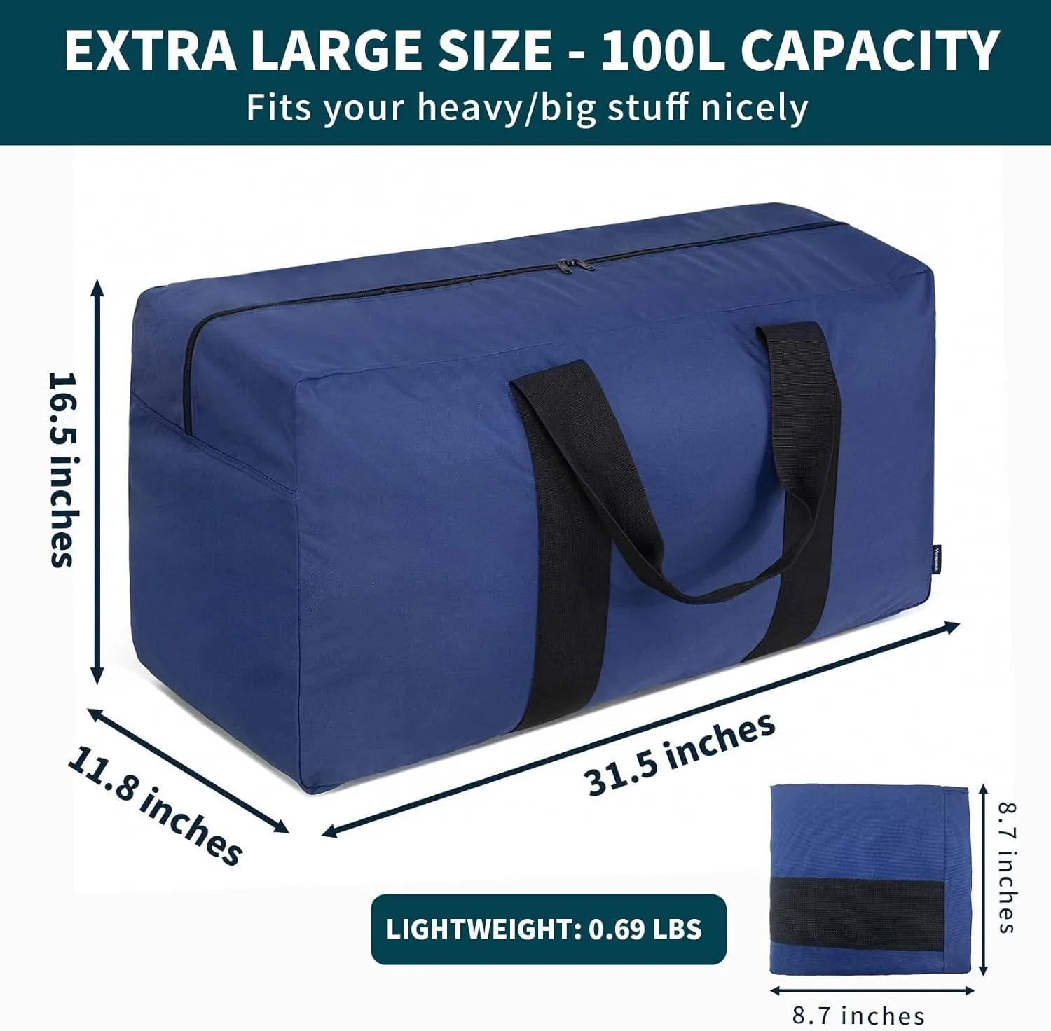 Vorspack Extra Large Duffle Bag for Travel - 100L Duffel Bag for Men Gear Bag for Storage Foldable Weekender Bag for Overnight Camping - Blue