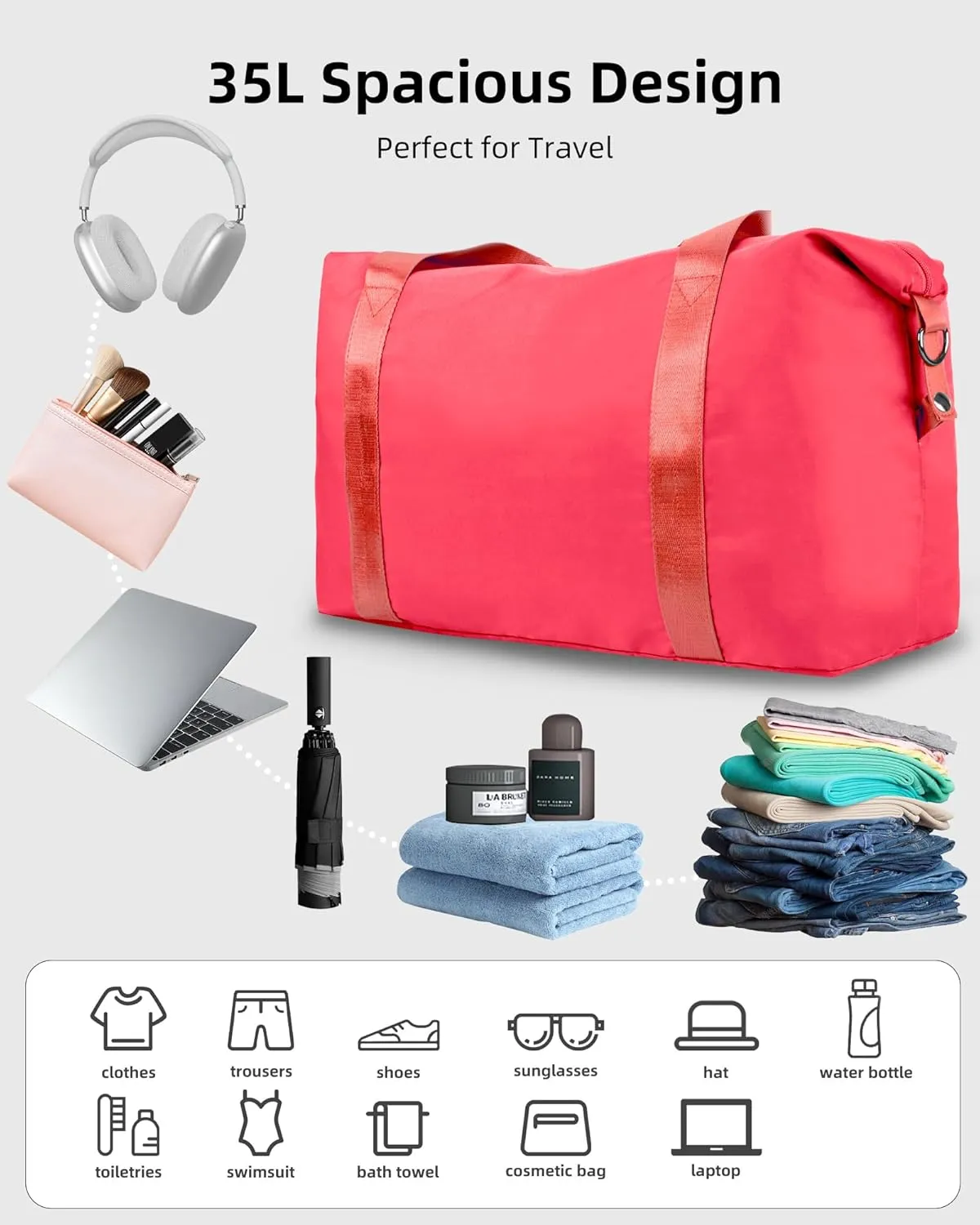 WALNEW Travel Duffle Bag for Women - Water-resistant Duffle Bag with Wet Pocket, Carry On Personal Item Travel Bag, Weekender Overnight Bag, Hospital Bag for Women Labor Delivery, Living Coral