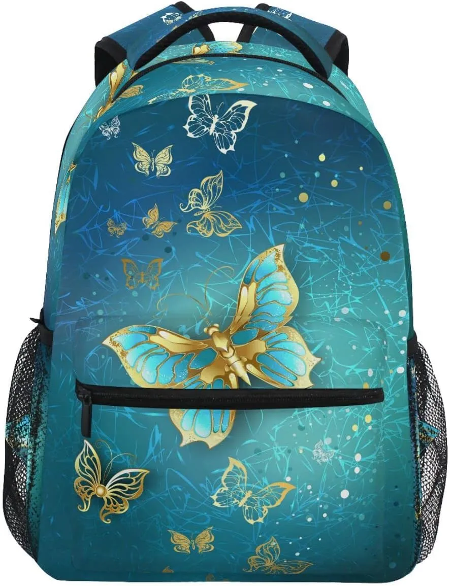 Wamika Butterfly Kids Backpack Turquoise Golden School Backpacks for Boys Girls Daypack Book Bag