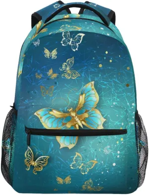 Wamika Butterfly Kids Backpack Turquoise Golden School Backpacks for Boys Girls Daypack Book Bag
