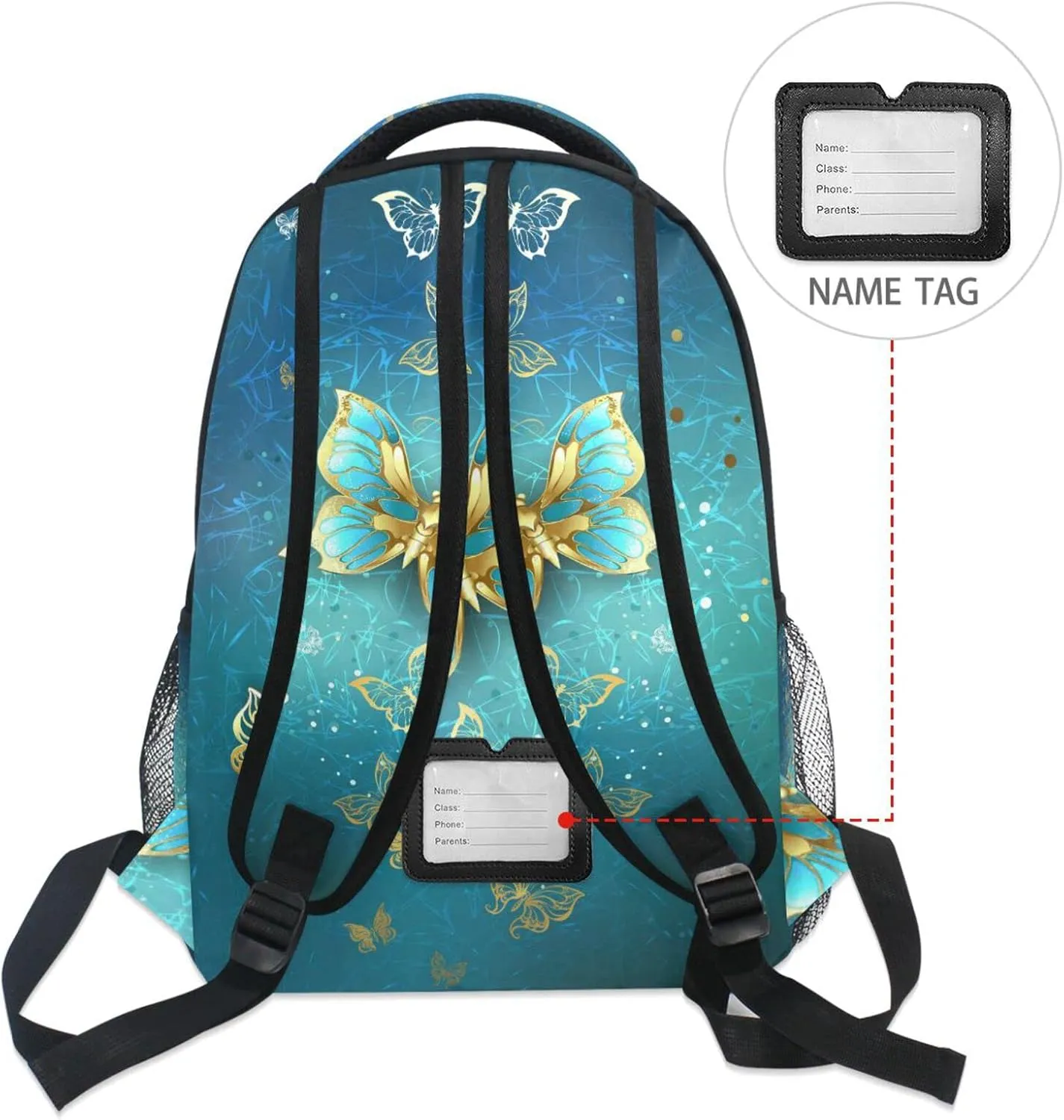 Wamika Butterfly Kids Backpack Turquoise Golden School Backpacks for Boys Girls Daypack Book Bag