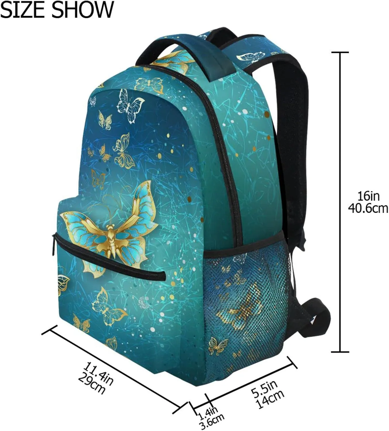 Wamika Butterfly Kids Backpack Turquoise Golden School Backpacks for Boys Girls Daypack Book Bag
