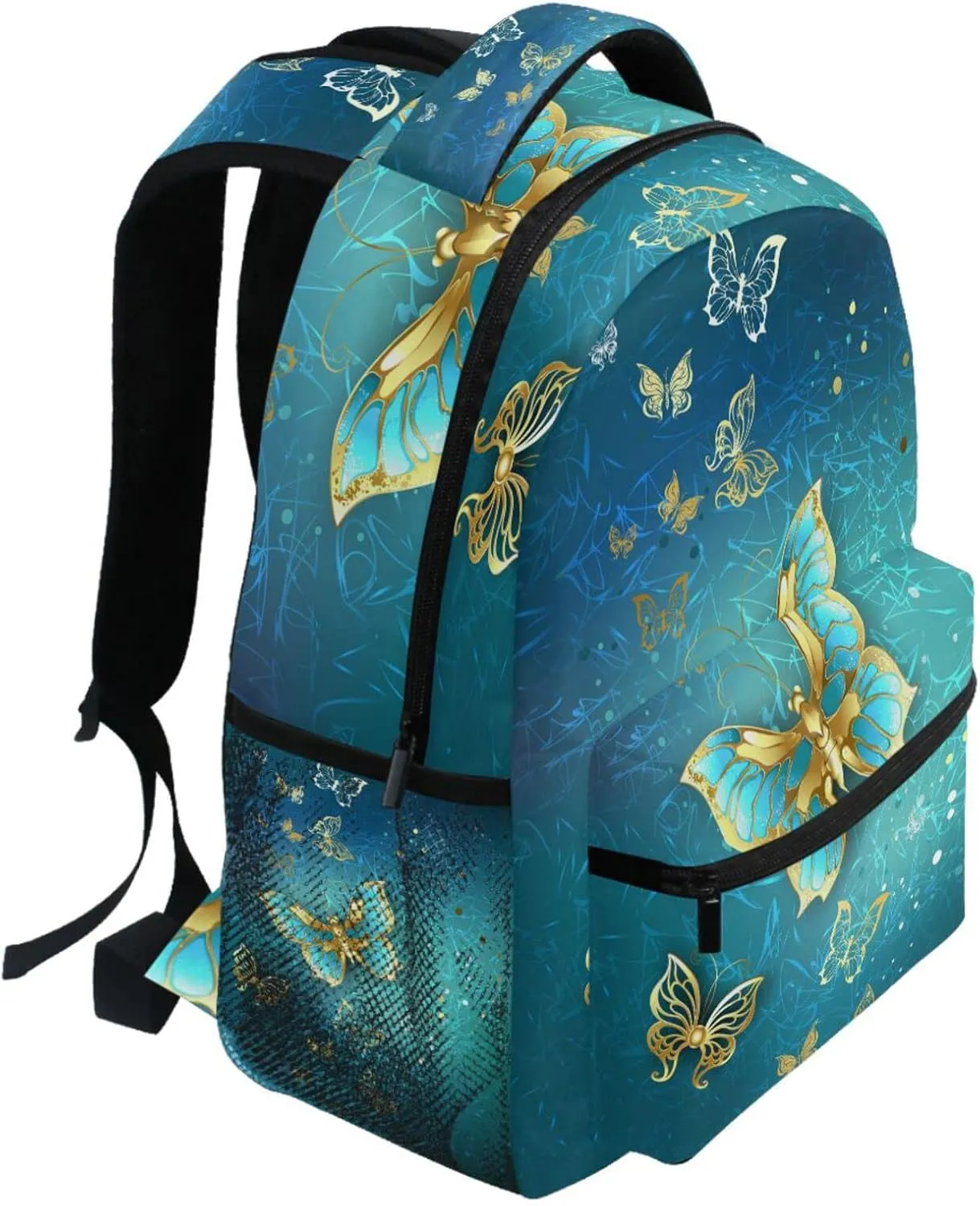Wamika Butterfly Kids Backpack Turquoise Golden School Backpacks for Boys Girls Daypack Book Bag