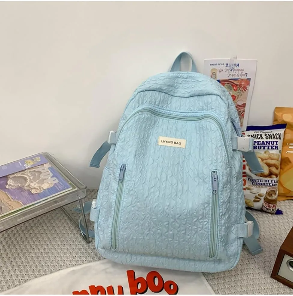 Wave Crease Kawaii Backpack with Cute Accessories Travel Backpacks Lightweight Solid Color Bags 16 Inch Daypack (Blue)