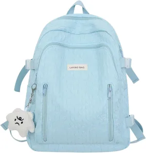 Wave Crease Kawaii Backpack with Cute Accessories Travel Backpacks Lightweight Solid Color Bags 16 Inch Daypack (Blue)
