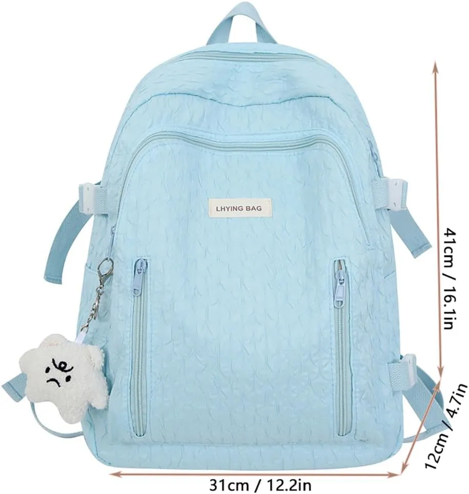 Wave Crease Kawaii Backpack with Cute Accessories Travel Backpacks Lightweight Solid Color Bags 16 Inch Daypack (Blue)