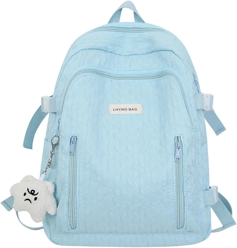 Wave Crease Kawaii Backpack with Cute Accessories Travel Backpacks Lightweight Solid Color Bags 16 Inch Daypack (Blue)