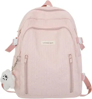 Wave Crease Kawaii Backpack with Cute Accessories Travel Backpacks Lightweight Solid Color Bags 16 Inch Daypack (Pink)