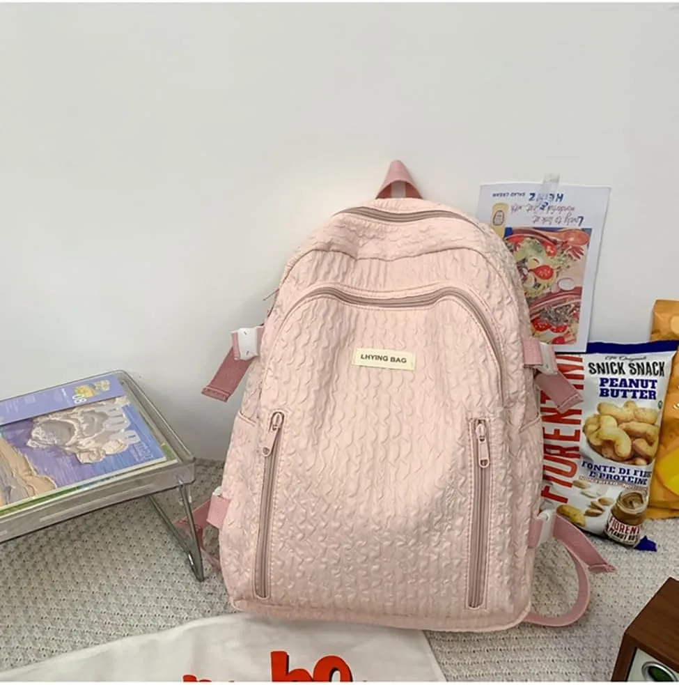 Wave Crease Kawaii Backpack with Cute Accessories Travel Backpacks Lightweight Solid Color Bags 16 Inch Daypack (Pink)