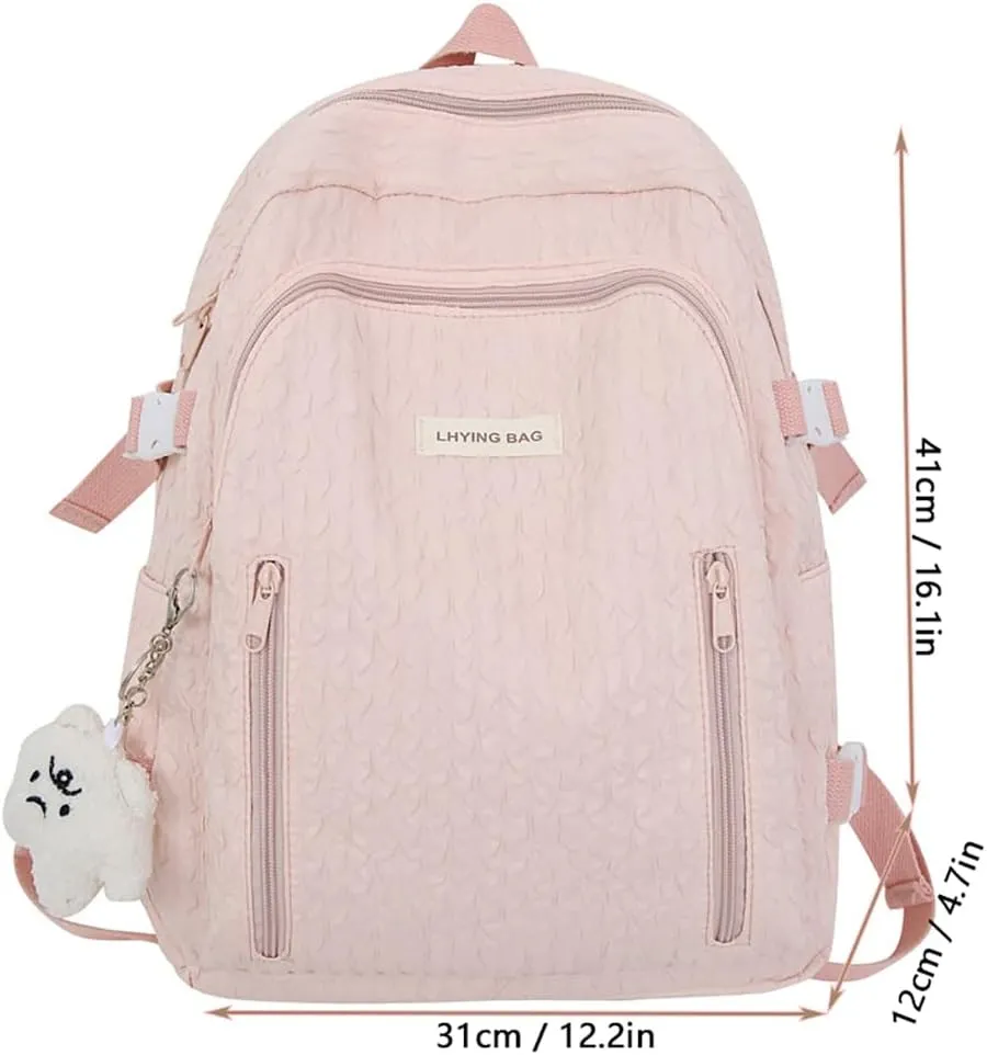 Wave Crease Kawaii Backpack with Cute Accessories Travel Backpacks Lightweight Solid Color Bags 16 Inch Daypack (Pink)