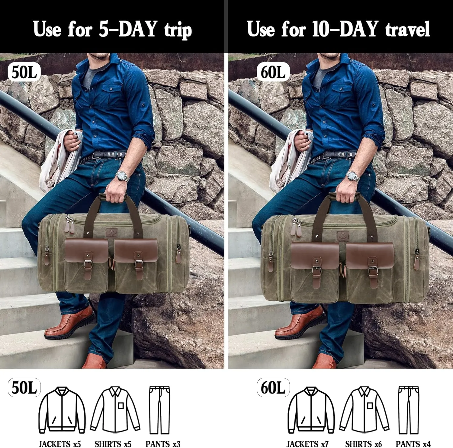 Waxed Canvas Duffle Bag for Men 60L Travel Duffel Bags Expandable Genuine Leather Duffel Overnight Weekender Carry On Bag Two Zipper Pockets Travel Bag (Vintage Grey, X Large-60L)